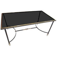 French 50's Brass and Iron Coffee Table With Smoked Glass Top