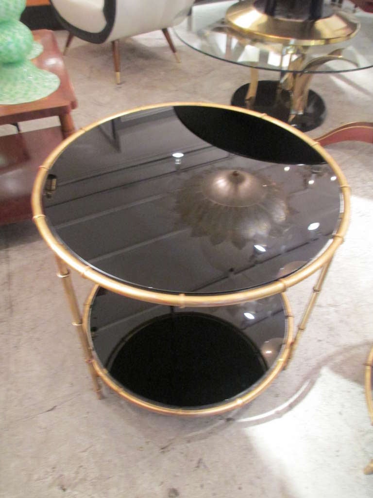 Pair of Gilt Bronze Faux Bamboo Tables with Smoked Glass Tops In Excellent Condition In New York, NY
