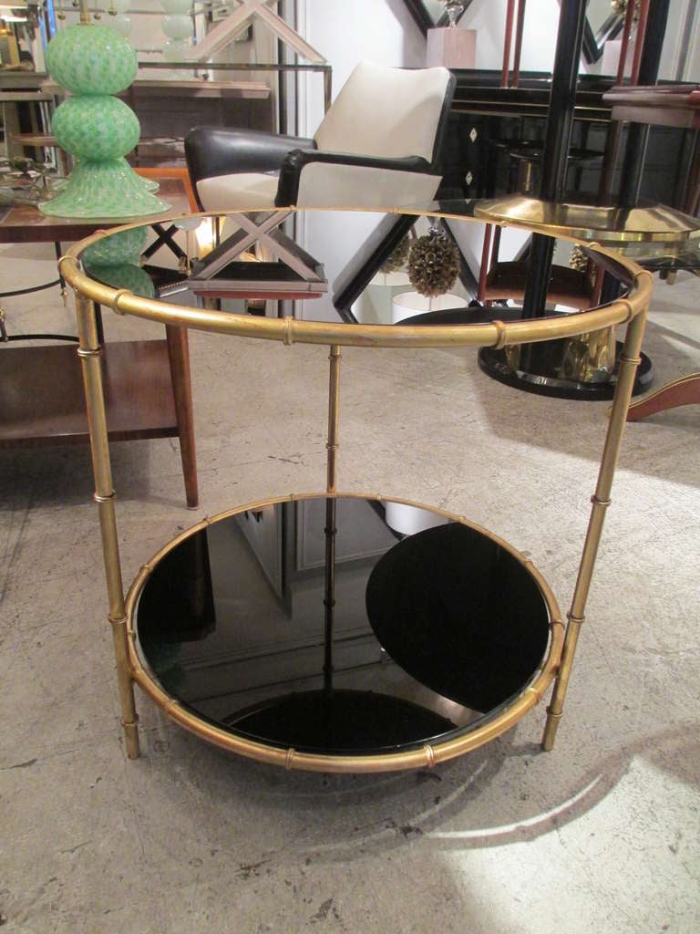 French Pair of Gilt Bronze Faux Bamboo Tables with Smoked Glass Tops