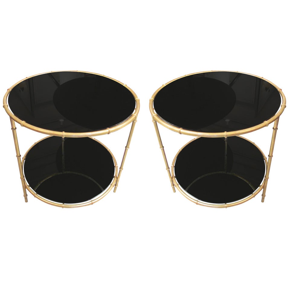 Pair of Gilt Bronze Faux Bamboo Tables with Smoked Glass Tops