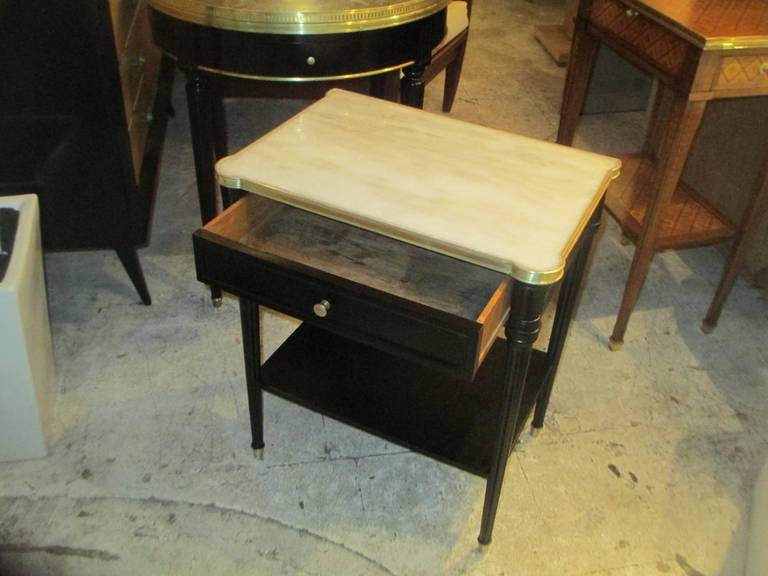 Pair of Louis XVI Style Ebonized, Bronzed Trimmed Marble-Top End Tables 1