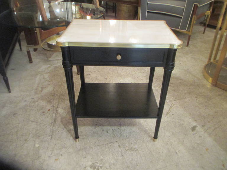 French Pair of Louis XVI Style Ebonized, Bronzed Trimmed Marble-Top End Tables