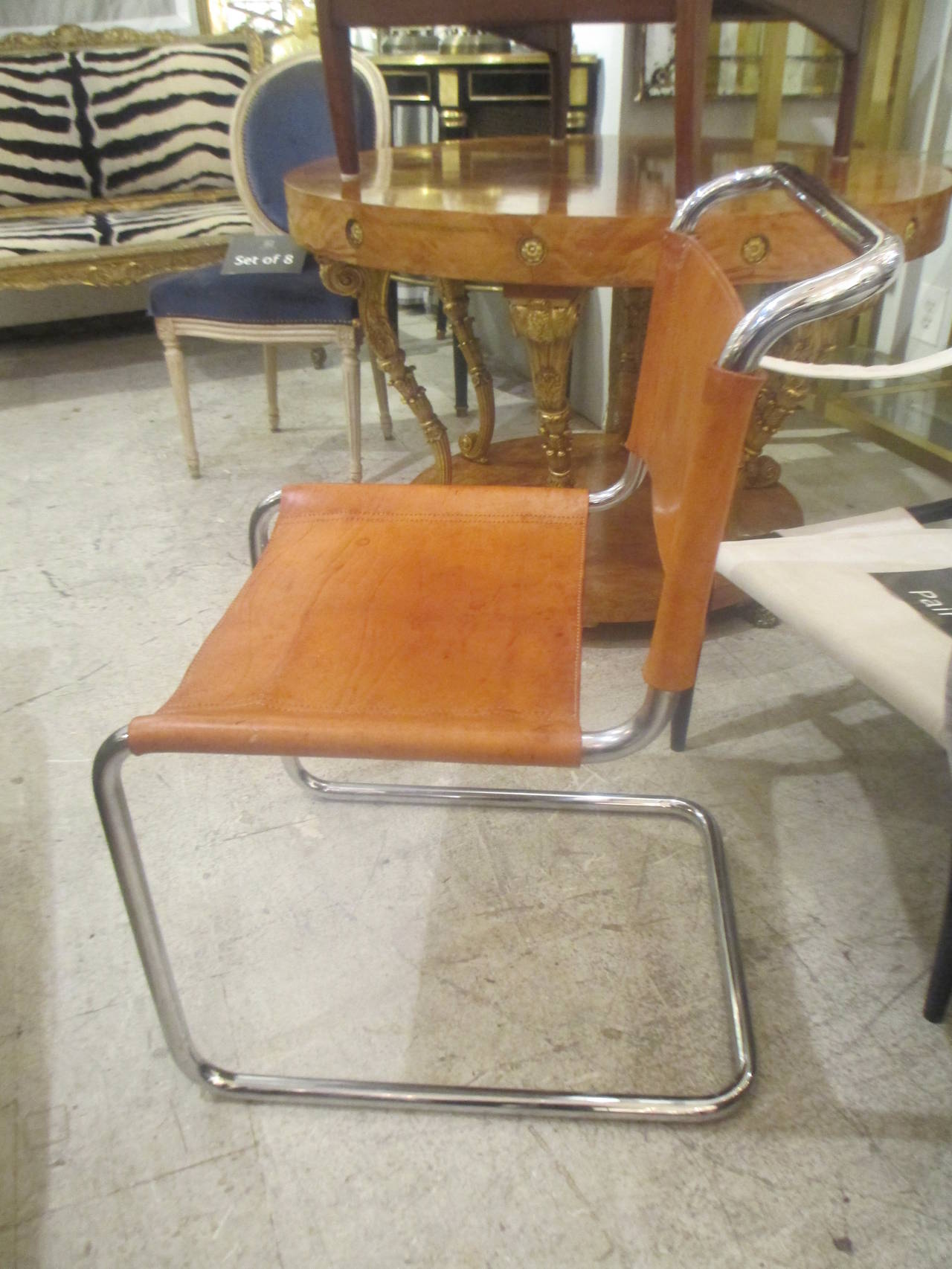 American Set of Eight Cantilevered Leather Chairs in the Manner of Mies van der Rohe