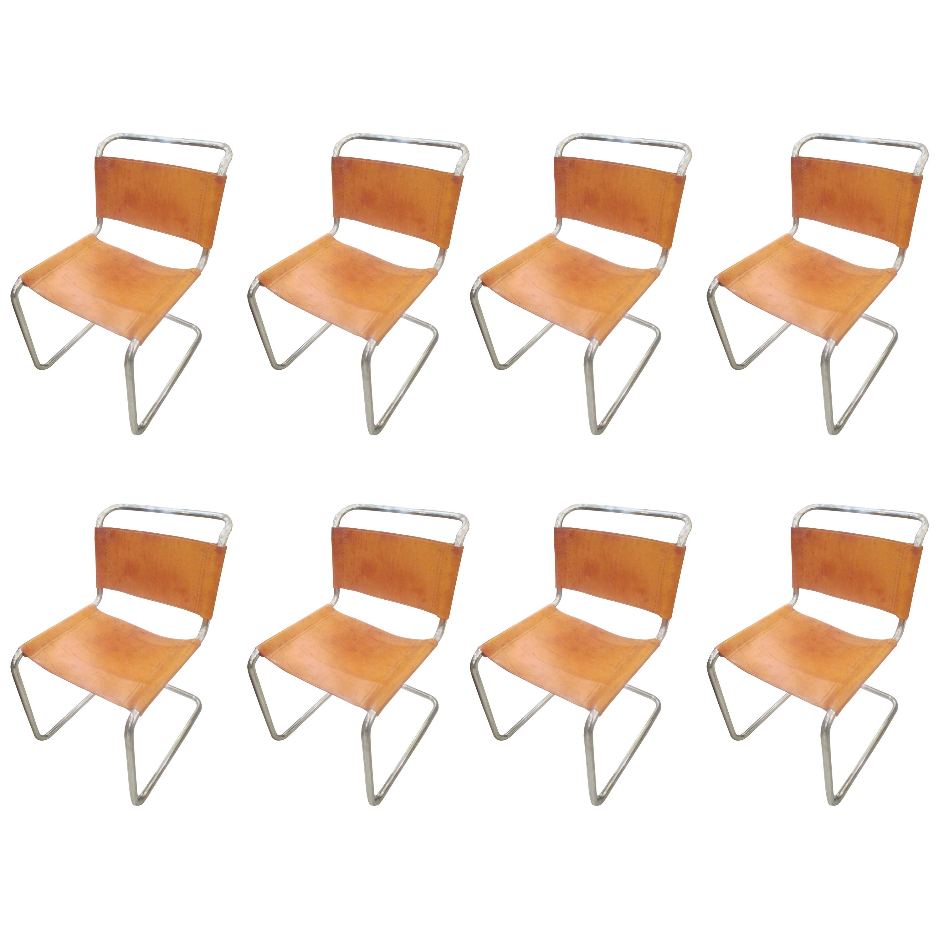 Set of Eight Cantilevered Leather Chairs in the Manner of Mies van der Rohe