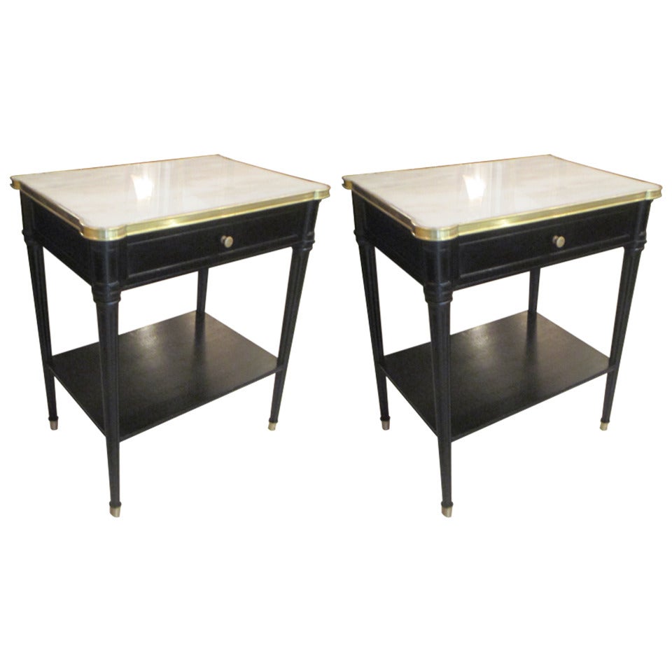 Pair of Louis XVI Style Ebonized, Bronzed Trimmed Marble-Top End Tables