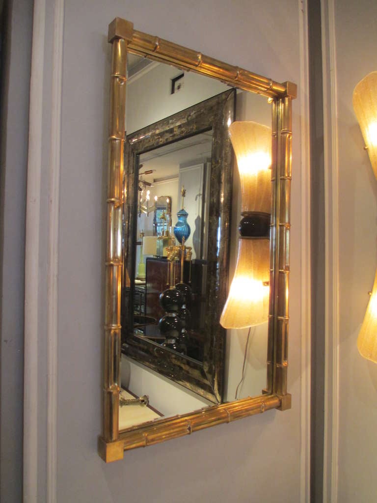 An exceptional pair of faux-bamboo brass mirrors In Excellent Condition In New York, NY
