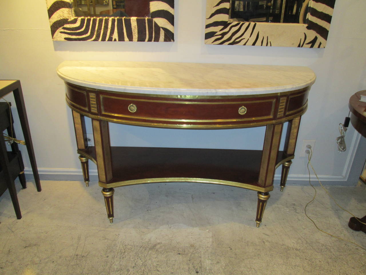 Pair of Louis XVI Style Marble-Top Demilune Consoles