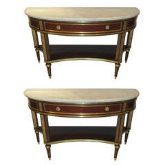 Pair of Louis XVI Style Marble-Top Demilune Consoles