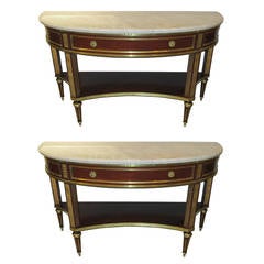 Pair of Louis XVI Style Marble-Top Demilune Consoles