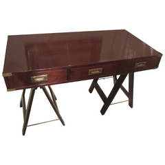 Campaign Desk with Brass Trimmed Corners on Folding Sawhorse Base 1