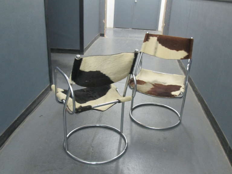 A Pair of Tubular Chrome Lounge Chairs with Pony Hide