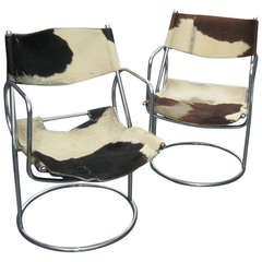 A Pair of Tubular Chrome Lounge Chairs with Pony Hide