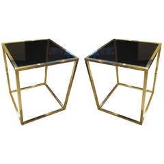 Pair of Sculptural Brass Tables with Smoked Glass Top 7