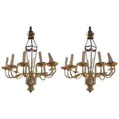 Pair of Twelve-Arm Nickel-Plated Chandeliers with Cobalt Blue Glass 8