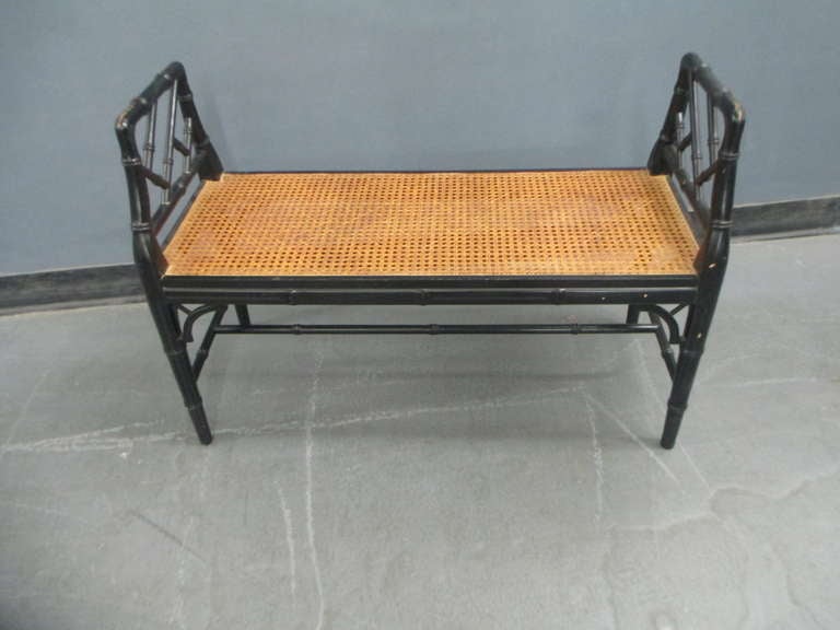 American Ebonized and Caned Faux Bamboo Window Bench