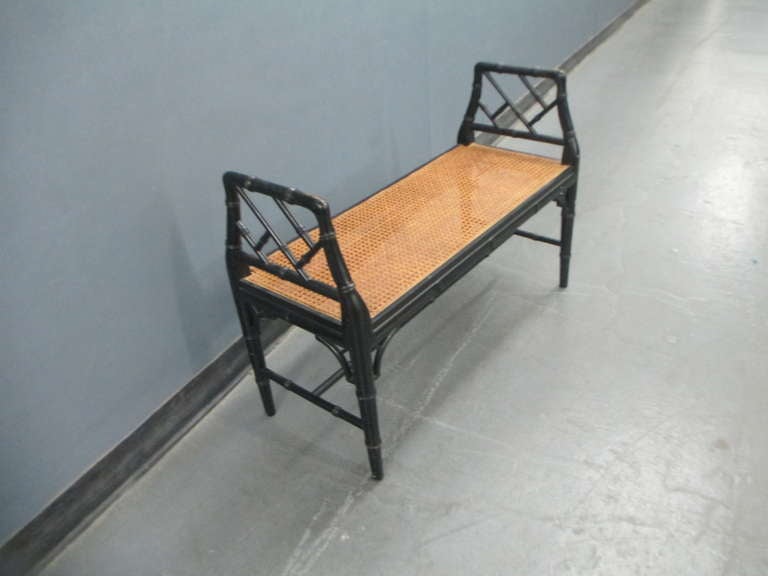 Ebonized and Caned Faux Bamboo Window Bench In Excellent Condition In New York, NY