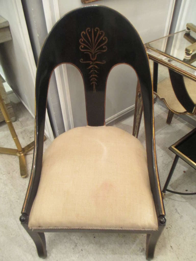 French Pair of Hand-Painted and Ebonized Regency-Style Tub Chairs