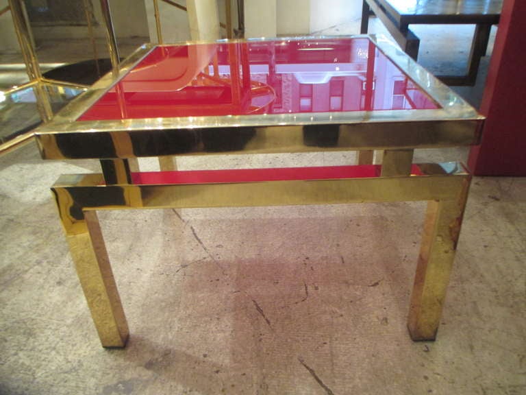 Pair of Mid-Century Modern Brass Tables with Red Glass Tops 2