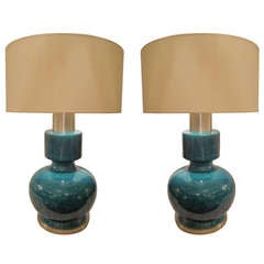 A Pair of Blue Crackle-Glazed Lamps