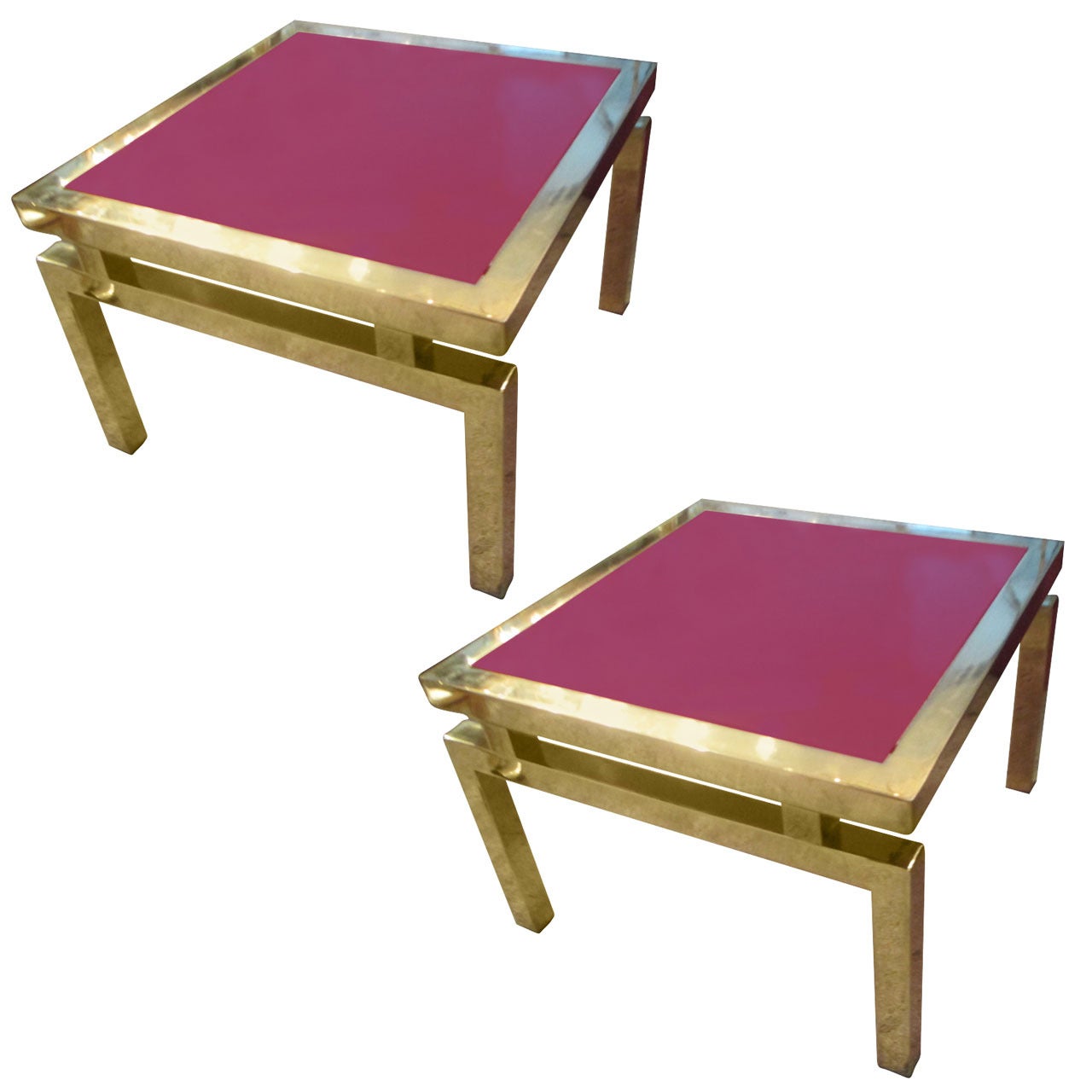 Pair of Mid-Century Modern Brass Tables with Red Glass Tops