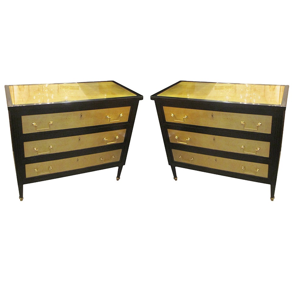 Pair of Ebonized and Gold Leafed Directoire Style Commodes