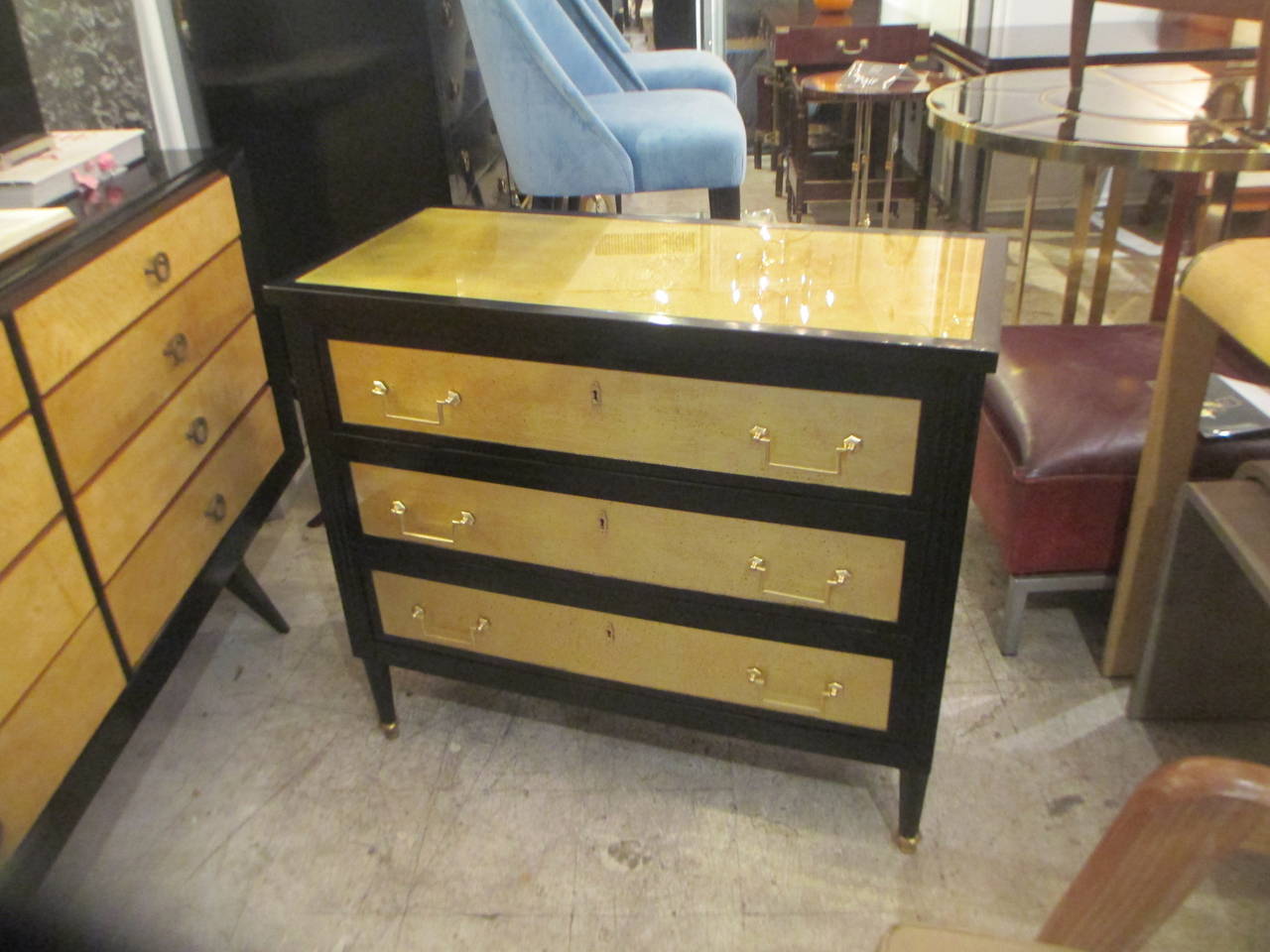 French Pair of Ebonized and Gold Leafed Directoire Style Commodes