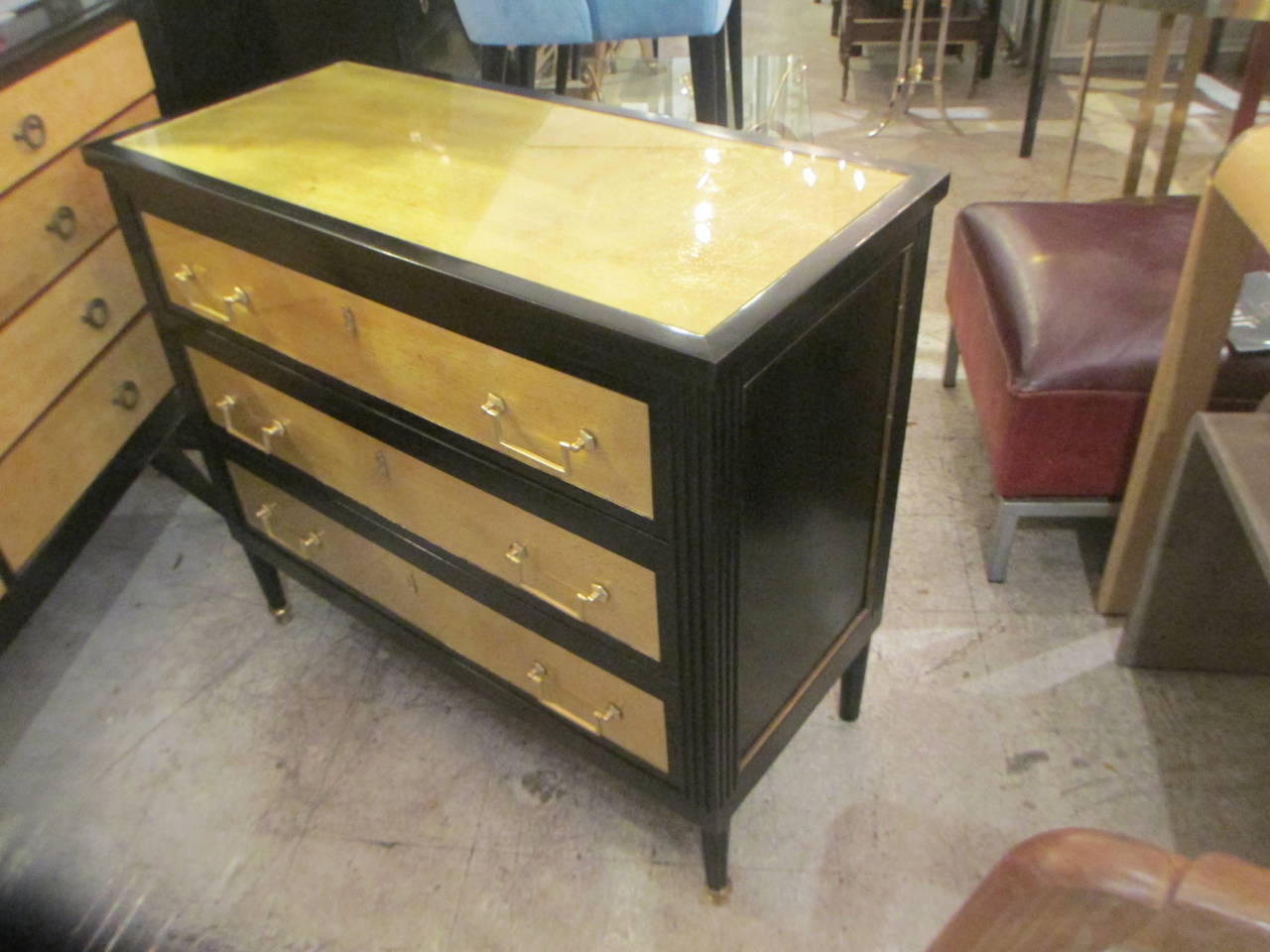 Pair of Ebonized and Gold Leafed Directoire Style Commodes In Excellent Condition In New York, NY