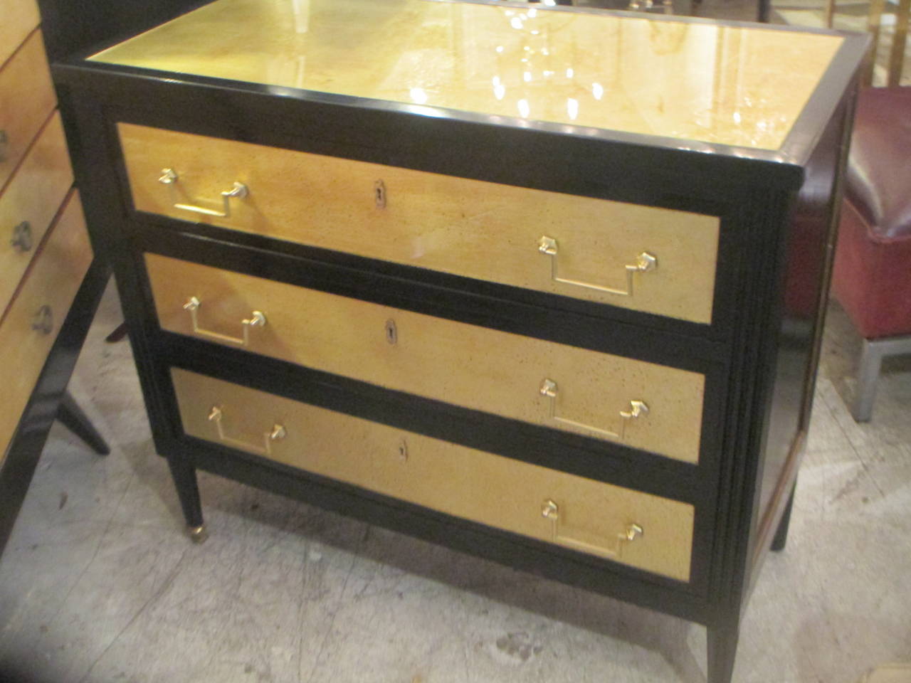 Pair of Ebonized and Gold Leafed Directoire Style Commodes 2