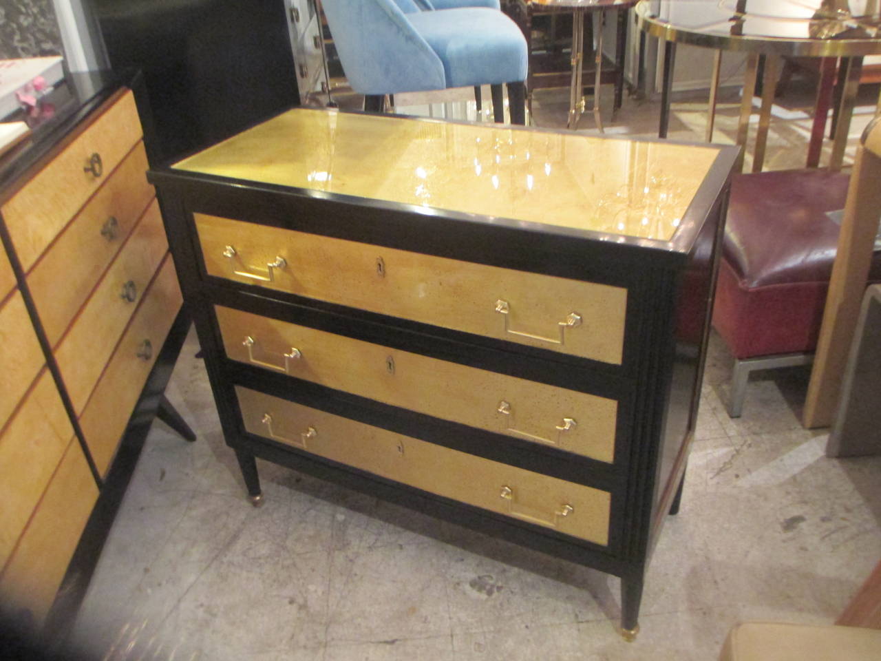 Pair of Ebonized and Gold Leafed Directoire Style Commodes 3