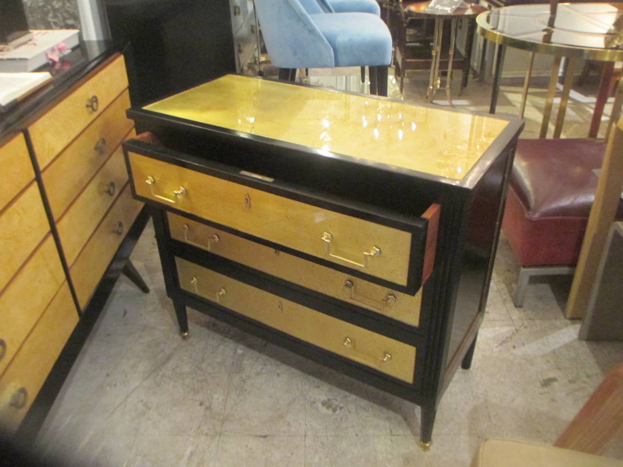 Pair of Ebonized and Gold Leafed Directoire Style Commodes 4