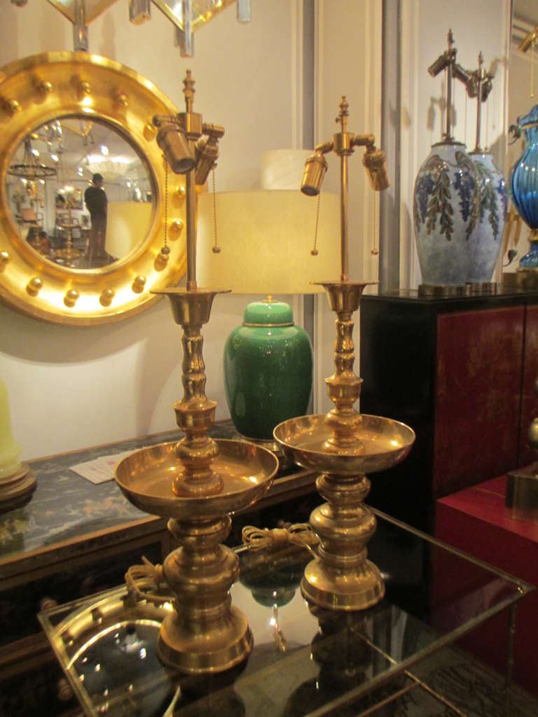 A Pair Of Oversized Brass Pricket/candlestick Lamps