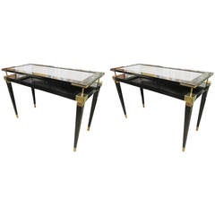 Pair of Ebonized Consoles with Gold Leafed Glass Tops in the Manner of Arbus
