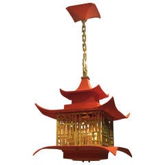 Whimsical gilt iron and painted pagoda chandelier
