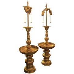 A Pair Of Oversized Brass Pricket/candlestick Lamps