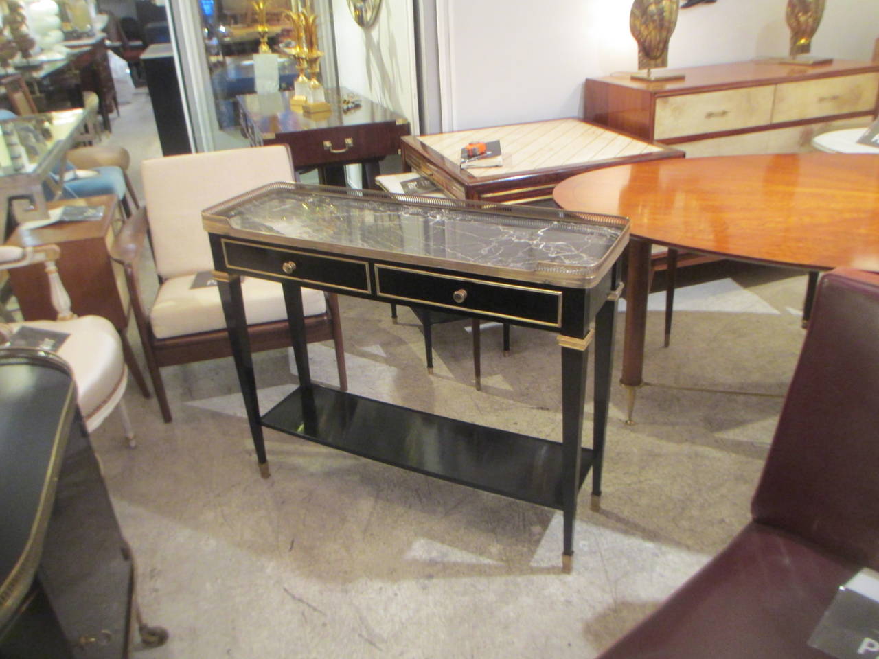 Mid-20th Century Louis XVI-Style Marble-Top Console with Brass Gallery