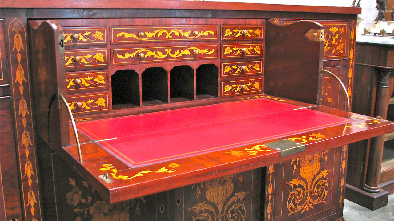 Brass 19th Century Dutch Mahogany Marquetry Cabinet or Buffet with Front Fall Desk For Sale