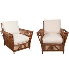 Pair of Large-Scale Stick Wicker Armchairs