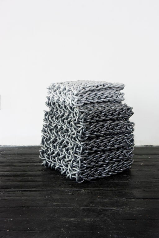 Stool by Kwangho Lee knit with dark and light grey rubber tubing
