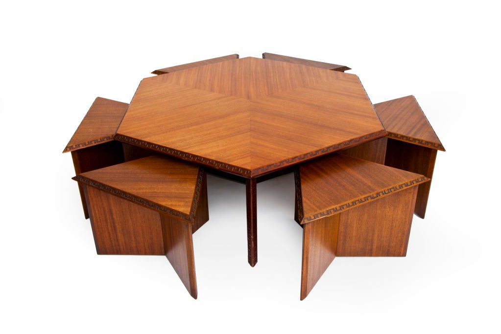 Hexagonal Mahogany Coffee Table with Six Triangular Stools by Frank Lloyd Wright from the  