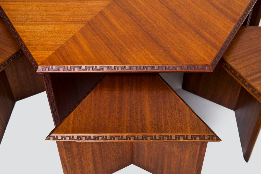 Mahogany Hexagonal Table with Six Stools by Frank Lloyd Wright