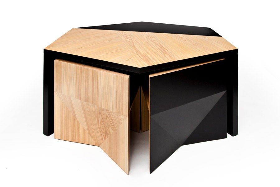 Hexagonal Dining Table with Six Nesting Chairs from the Black Meets Ply Series by Rafael de Cardenas