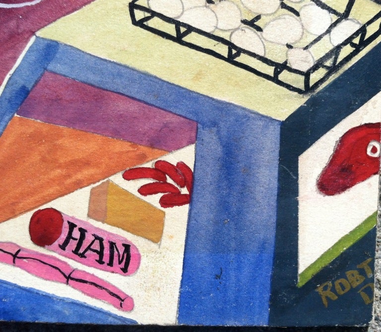 Robert Day (attributed)
untitled(interior of a grocery store
circa 1935
gouache on board
15 x 18 3/4
partial signature visible lower right

Robert Day was a well-known cartoonist and illustrator in the 1930s, 40s and 50s, whose work