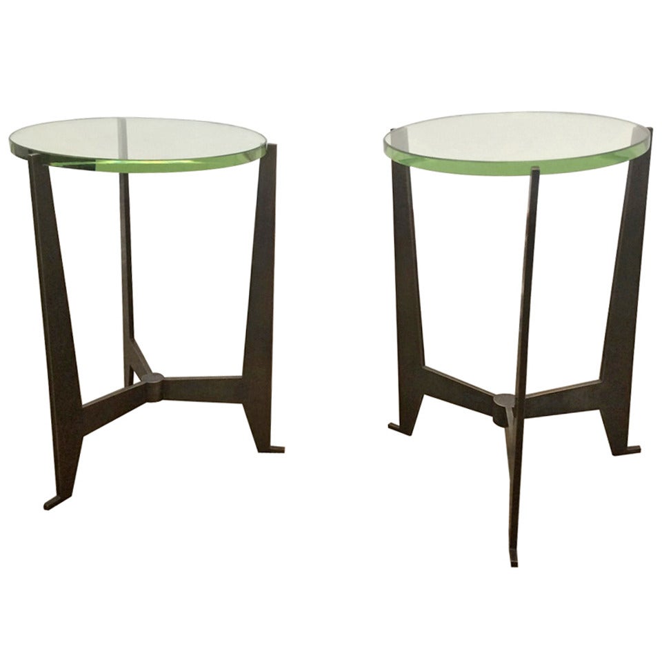 French Modernist Bronze Tables with Glass Tops after Jacques Quinet