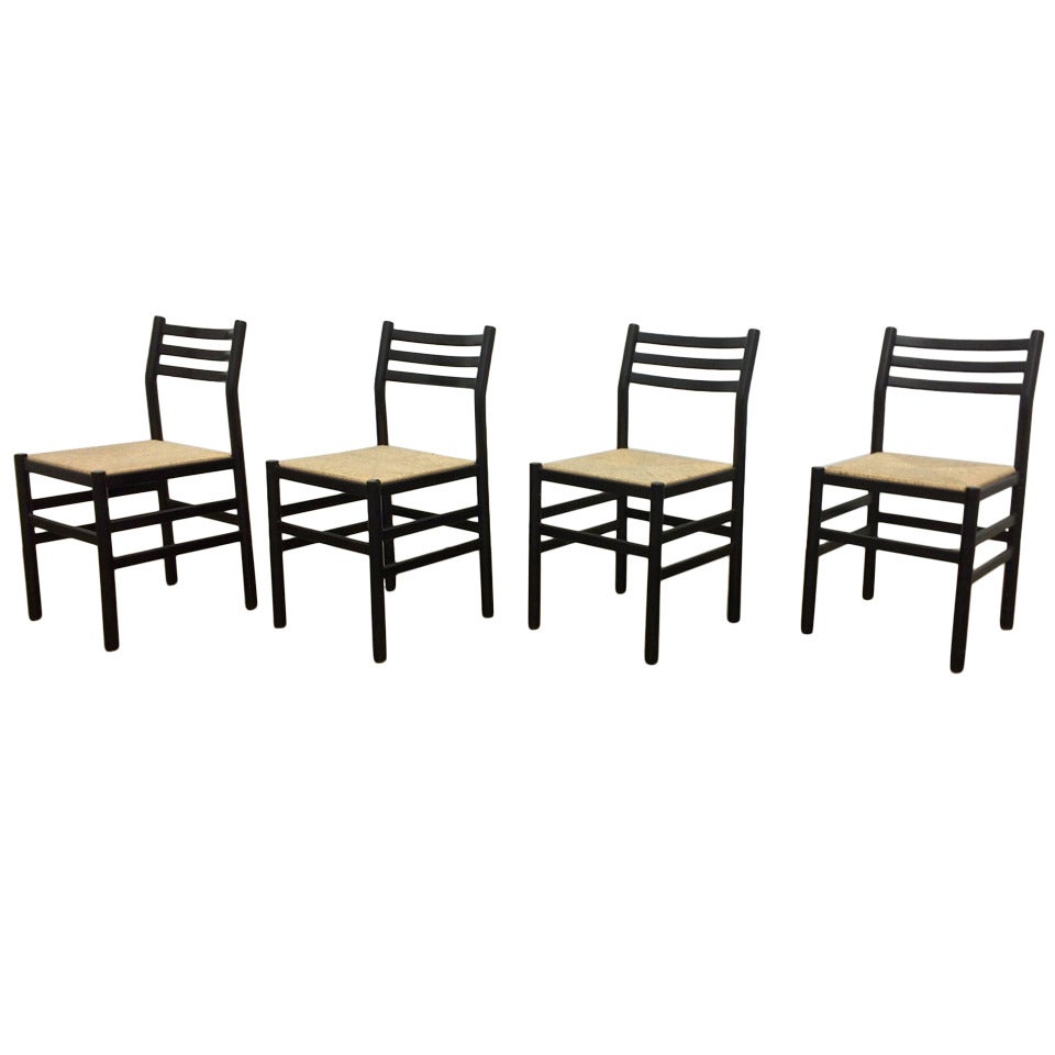 Six 1970s Modernist Italian Dining Chairs, Rush Seats