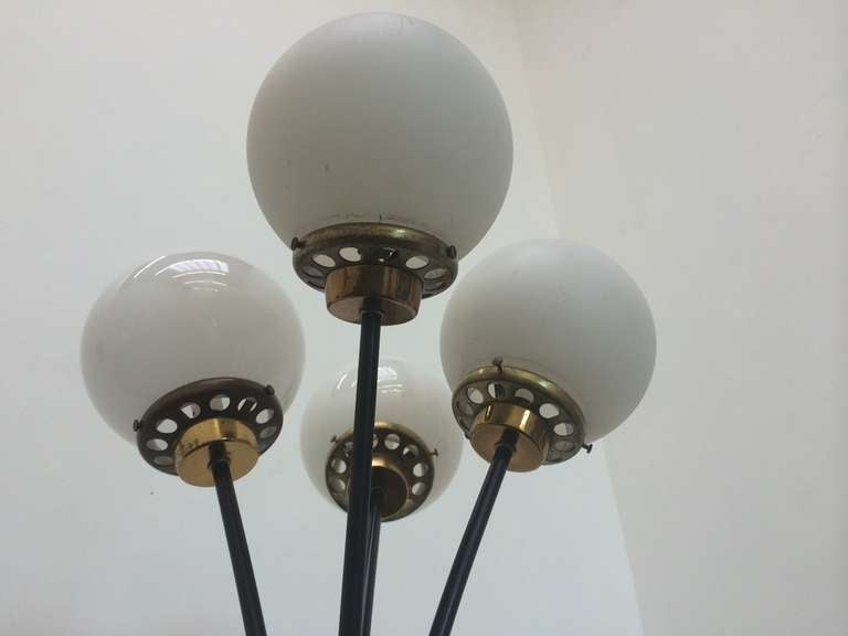 American Mid-Century Floor Lamp with Brass Details and Glass Globes
