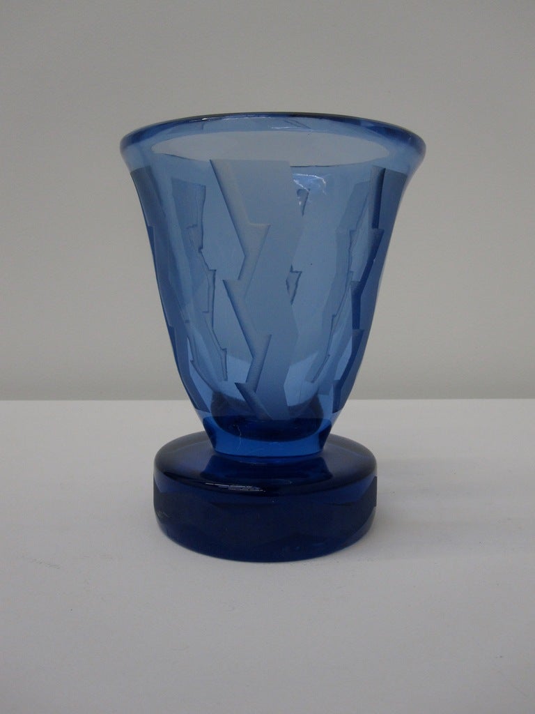 Art Deco Style Blue Glass Acid-Etched Daum Nancy Vase In Excellent Condition In Treasure Island, CA