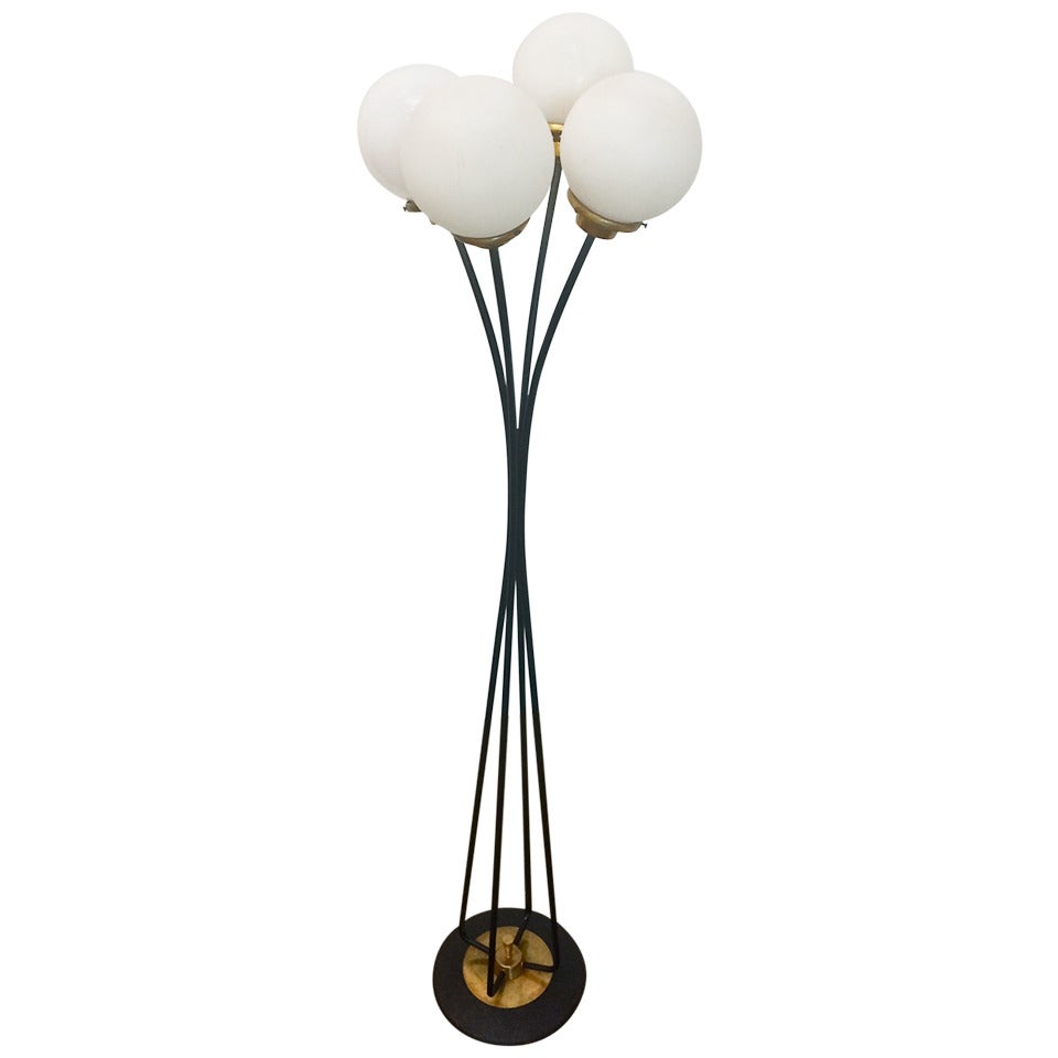 Mid-Century Floor Lamp with Brass Details and Glass Globes