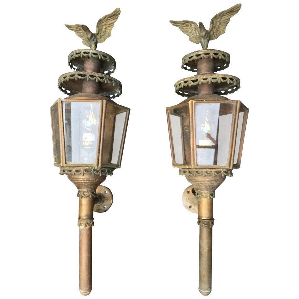 Pair of 19th Century Victorian Copper and Brass Sconces With Eagle Finial