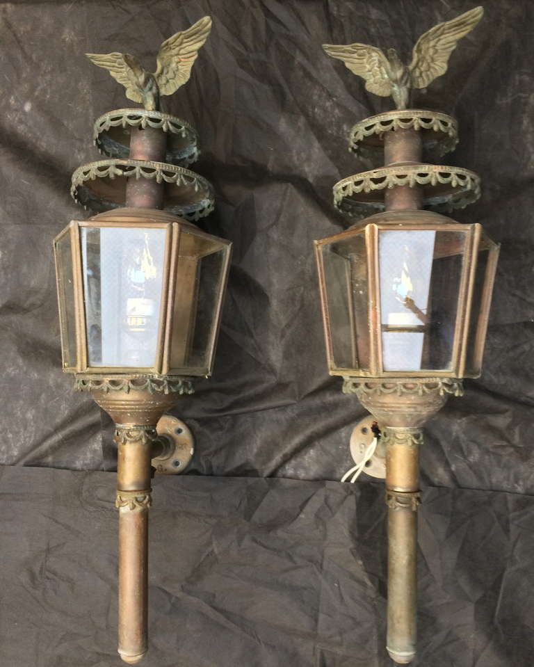 Victorian Sconces With Eagle Finial
Circa 1875
copper
converted from gas to electricity
29 inches high, 9 in diameter
Very good condition