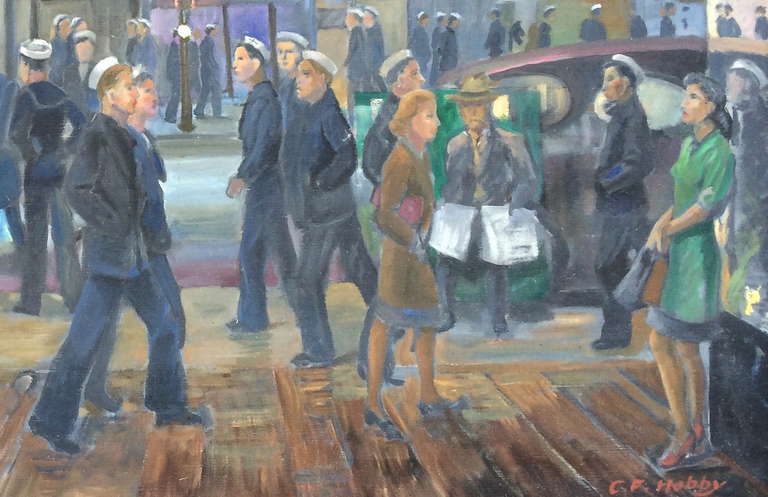 Carl Frederick Hobby
Untitled scene of Market Street at Night
circa 1945
oil on canvas
26 x 45 inches
Very good condition

Carl Frederick Hobby (1886 - 1964)
Born in Iowa City, educated Cumming School of Art, Des Moines and Art Students